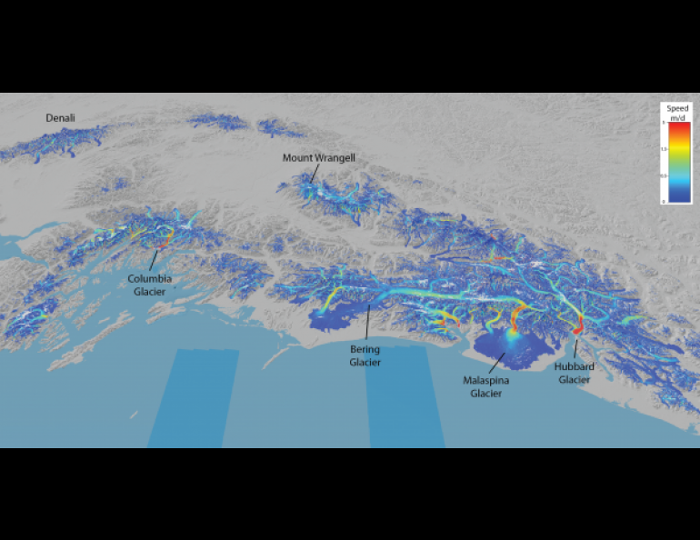 This bird’s-eye view of Southcentral Alaska’s glaciers shows their speed as measured from space. Scientists are now able to follow surges and seasonal changes in glacier speed over this region using images from Landsat 8. Graphic by Mark Fahnestock.