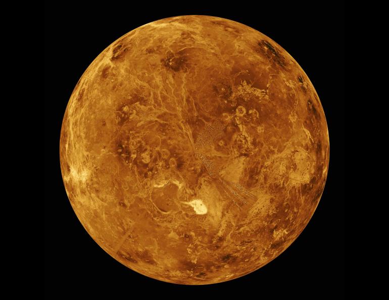 The Magellan probe that orbited Venus from 1990 to 1994 was able to peer through the thick Venusian clouds and build up the above image by emitting and re-detecting cloud-penetrating radar. Visible as the bright patch below central North is Venus’ highest mountain, Maxwell Montes. NASA image