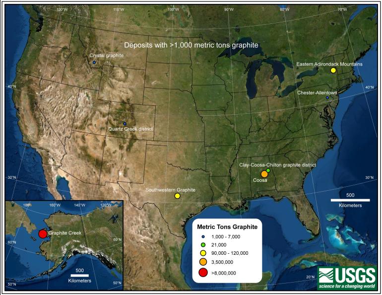 The map shows sites with more than 1,000 metric tons of contained graphite resource or past graphite production or both. This is approximately 3% of the average annual U.S. consumption of graphite between 2016 and 2020. U.S. Geological Survey map.