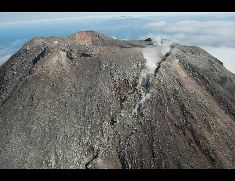 Degassing is visible from a summit fracture on Kanaga Volcano in September 2015. Photo by Taryn Lopez.