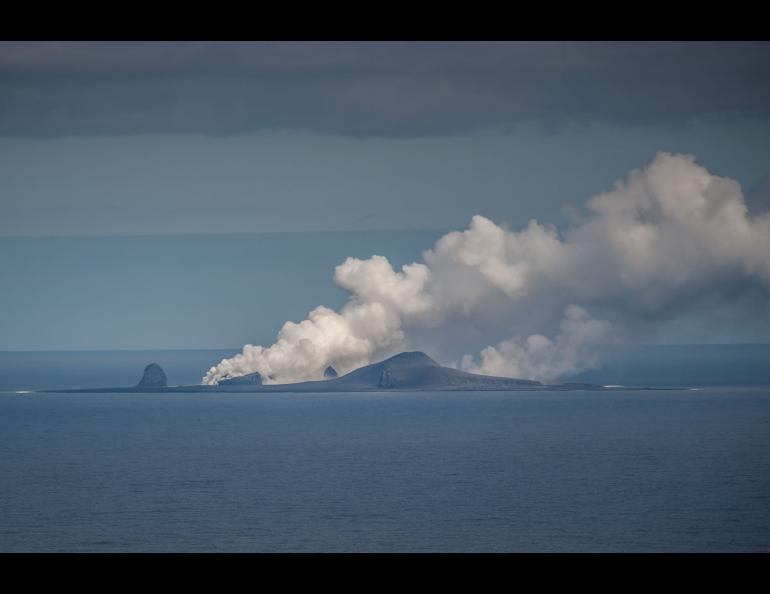 Bogoslof Island erupting in August, 2017, one year before scientists were able to visit. Photo by Dave Withrow, NOAA/Fisheries.
