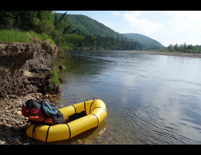 A raft that enabled Ned Rozell and Cora the dog to cross the Salcha River about nine miles from the Richardson Highway along the path of the Trans-Alaska Pipeline. Photo by Ned Rozell.