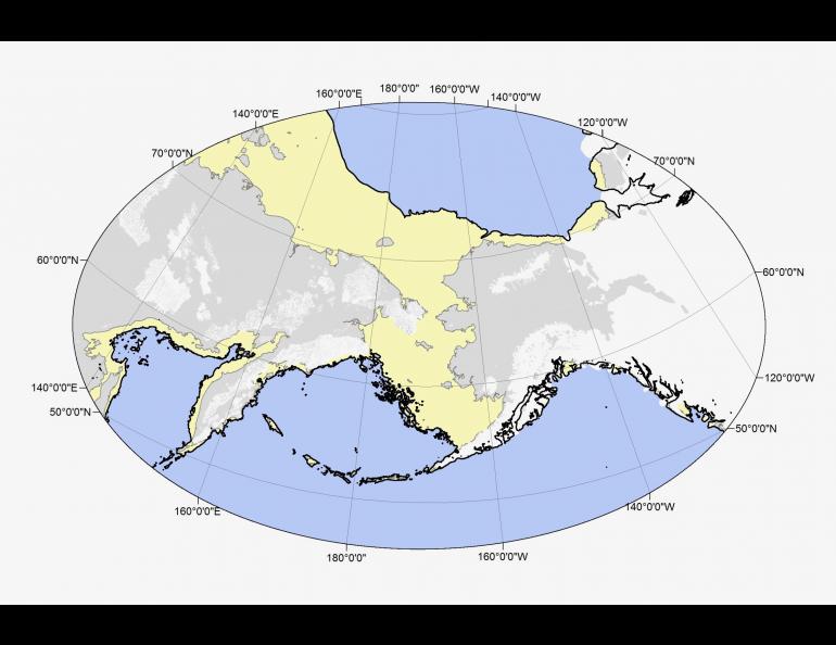 The Bering Land Bridge at the height of the last ice age. Map by Nancy Bigelow.