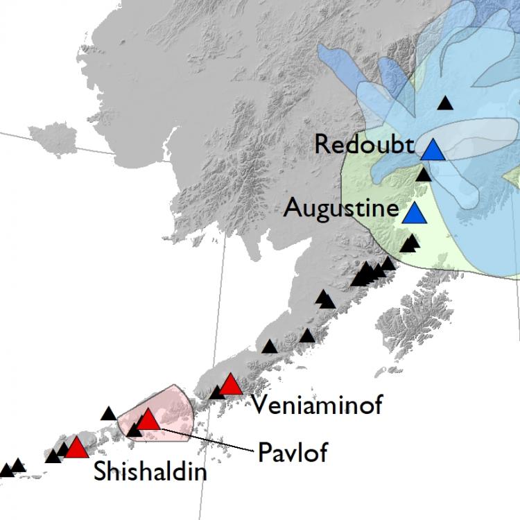 Map of Alaska’s historically active volcanoes (triangles) and the volcanoes targeted in this study. Open-system, frequently erupting target volcanoes shown in red, closed-system, intermittently erupting target volcanoes shown in blue. Maps illustrating published historical eruption deposits are shown as shaded regions. Data compiled from the AVO database (Mulliken et al., 2018 and references therein). Figure by Katie Mulliken.