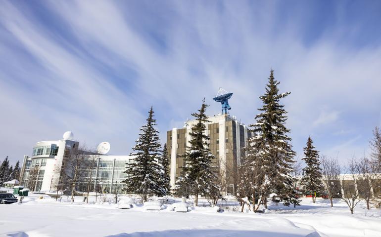 The Elvey Building, center, at the University of Alaska Fairbanks is home to the Geophysical Institute. Photo by JR Ancheta.