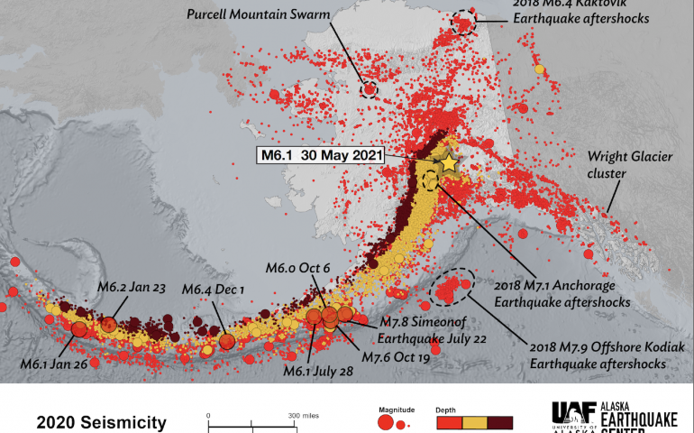 An Alaska Earthquake Center map of all the earthquakes that happened in the year 2020, including the epicenter of a magnitude 6.1 earthquake that happened May 30, 2021.