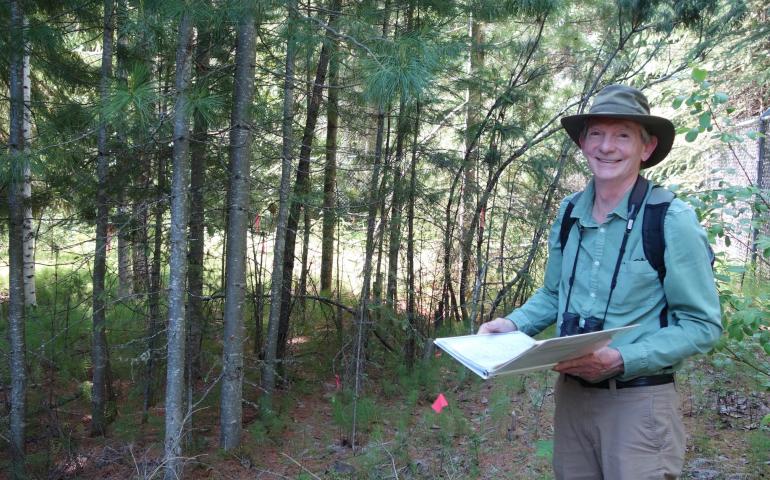 Artist and UAF professor emeritus Kes Woodward in a stand of exotic trees on the Fairbanks campus. Photo by Ned Rozell.