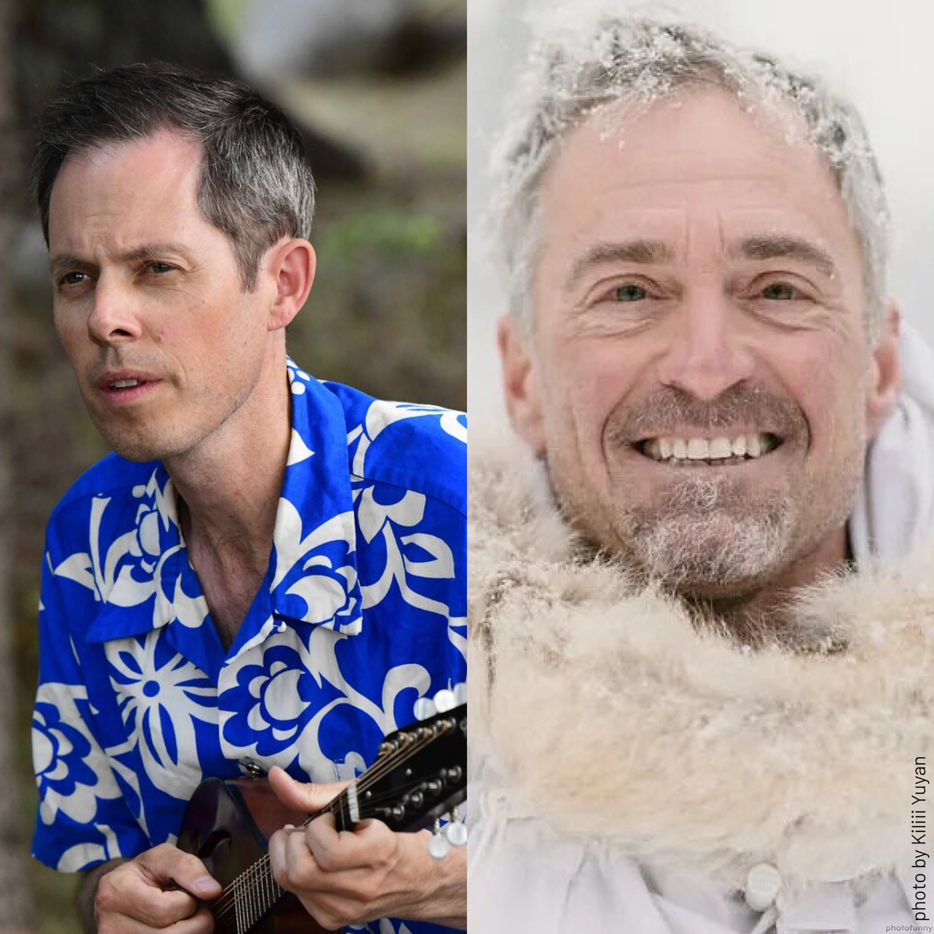 pictured - speaker Ken Tape in a blue and white Hawaiian shirt playing a ukele (left) and author Seth Kantner smiling with a snow backdrop with frosted hair and a heavy white fur-lined jacket (right)