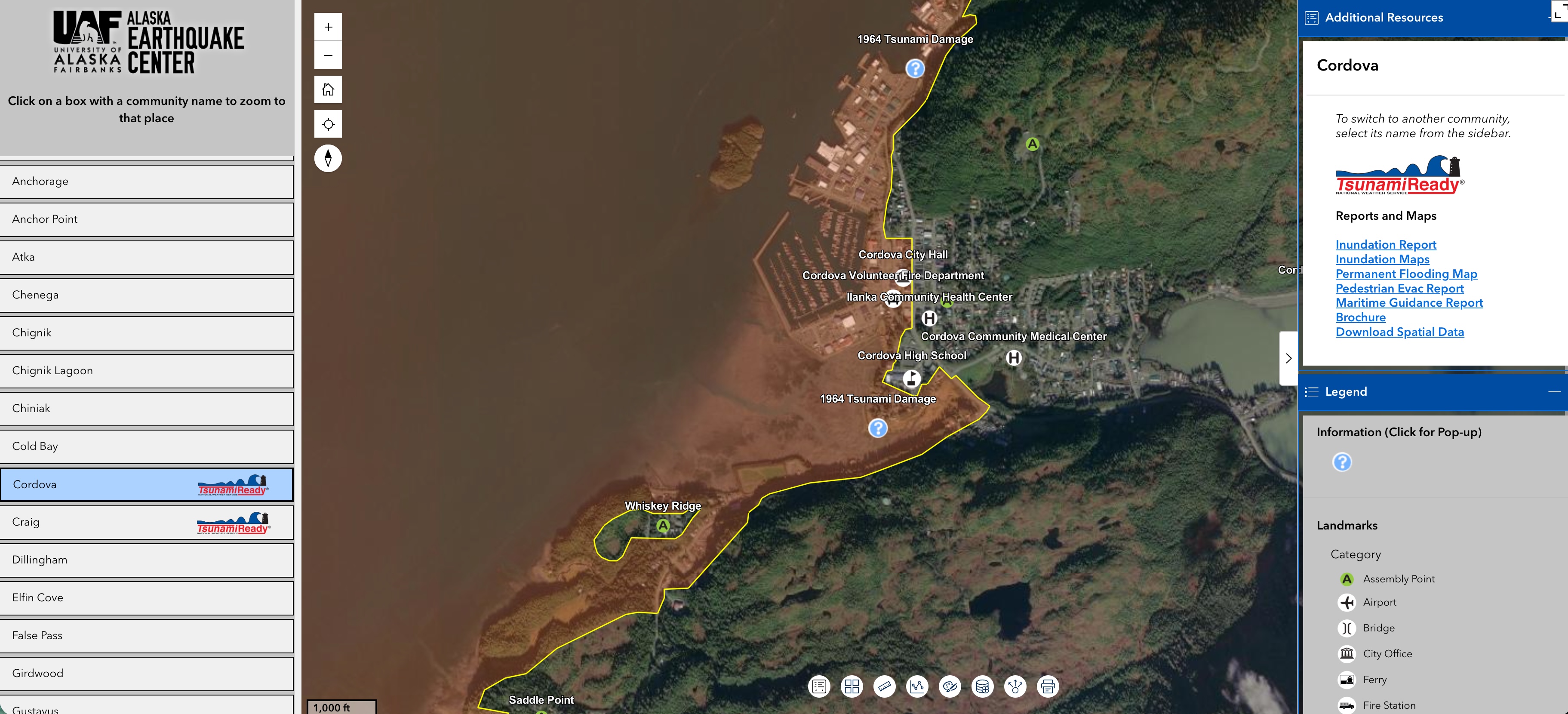 Screenshot of the Alaska Earthquake Center’s interactive tsunami hazard map centered on Cordova, Alaska. A satellite image shows the community, harbor and surrounding forested terrain, with a yellow boundary tracing the tsunami hazard area along the shoreline. 