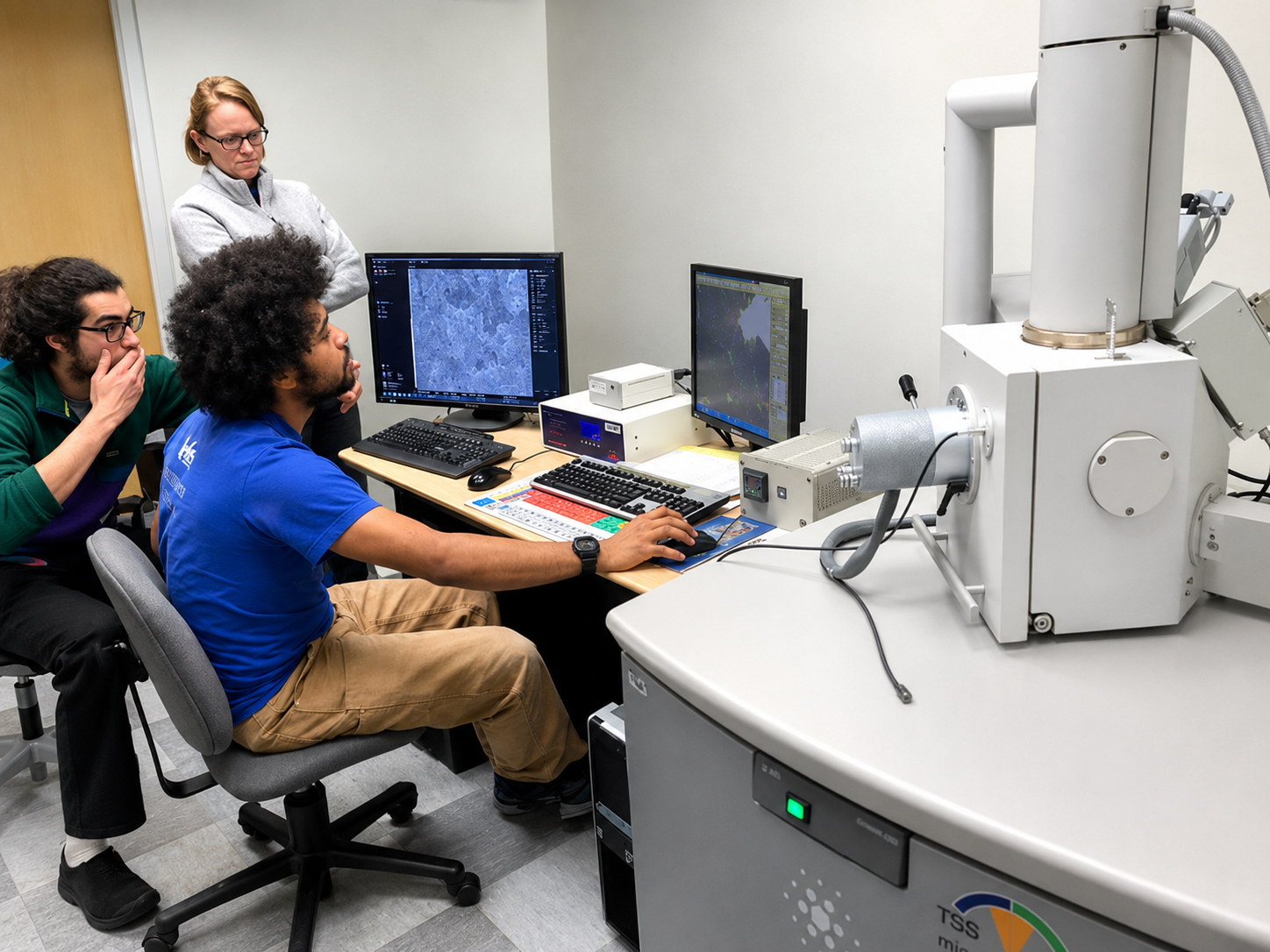 Three people working with the Environmental Scanning Electron Microscope