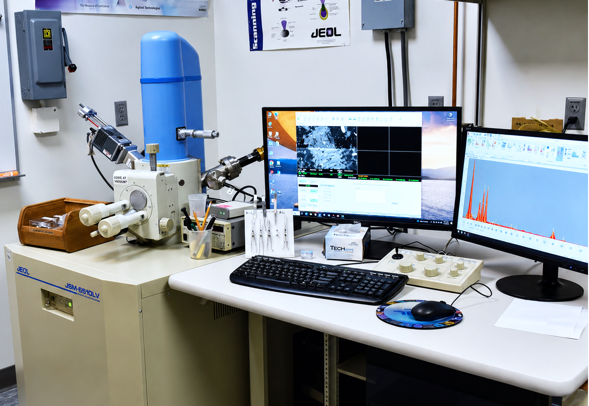 The JEOL 6510 SEM along with monitors displaying sample data.