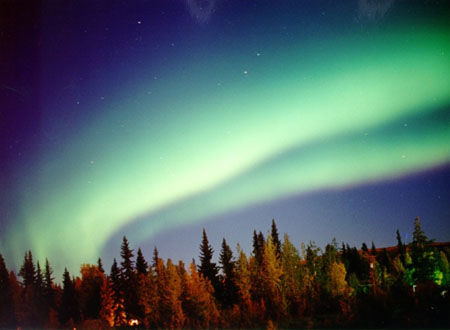 At its least active, the auroral curtain forms diffuse, glowing streaks hanging quietly in the sky. This form has no distinct structure. photo by Jan Curtis