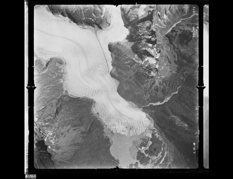 This photograph provides an aerial view of the Mendenhall Glacier in 1948. The historical photo was among the images that UAF researchers used to create a physical model of the glacier’s ice loss. Photo by U.S. Geological Survey.