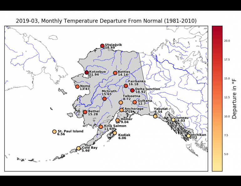 This map reports monthly mean temperature departures from normal in March 2019 across Alaska. Map by Anna Costa and Lea Hartl, Alaska Climate Research Center.