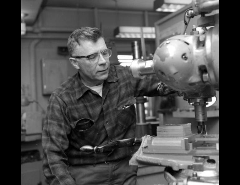 Jim Parry, the Machine Shop supervisor in the 1960s and 1970s, works on a project in this undated photo. Photo courtesy of UAF Geophysical Institute.