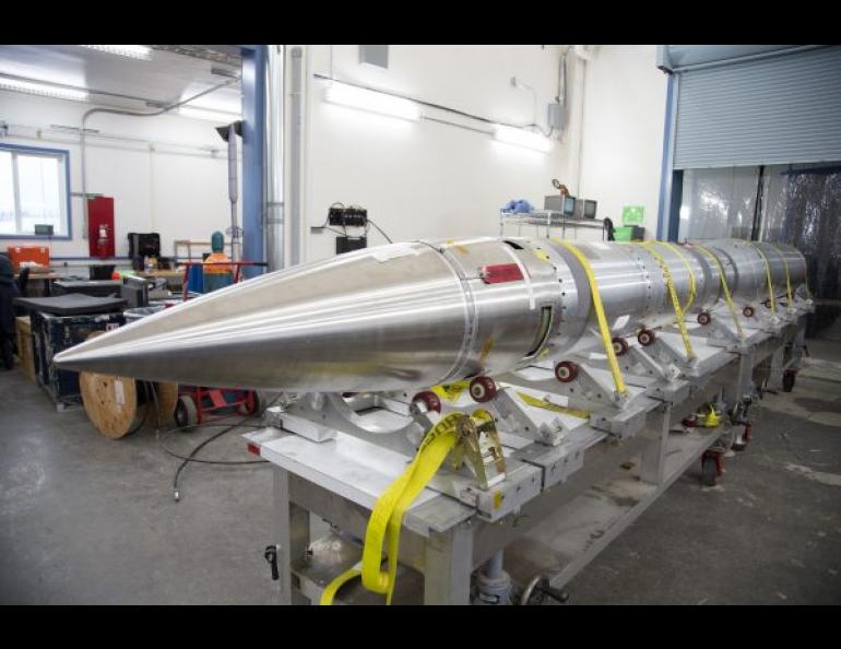 The Polar Night Nitric Oxide payload awaits final preparation before heading to the launch pad at the Poker Flat Research Range in Alaska. NASA photo by Jamie Adkins.