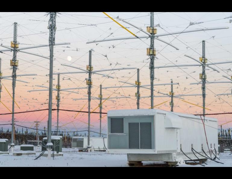 Twilight arrives at the High-frequency Active Auroral Research Program’s antenna array and instrument shelters near Gakona. Photo by Jessica Matthews.