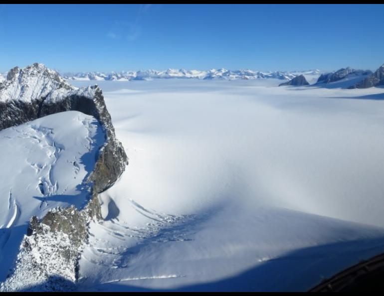 The Juneau Icefield forms a snow-covered expanse in the Coast Mountains north of Juneau. Photo by Joanna Young.