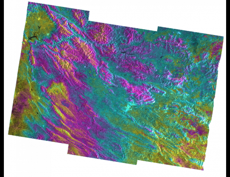 Image courtesy Alaska Satellite Facility SARVIEWS automatically provides usable hazard information using existing notification systems and Sentinel-1 satellite data, as seen in this interferogram from the magnitude 7.2 earthquake Dec. 12 on the Iraq-Iran border.