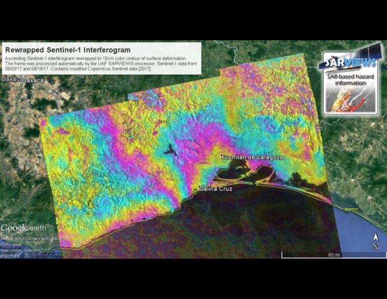 A color-composite, geocoded synthetic aperture radar image over Mexico shows surface deformation after an earthquake in September 2017. Image courtesy of the Alaska Satellite Facility.