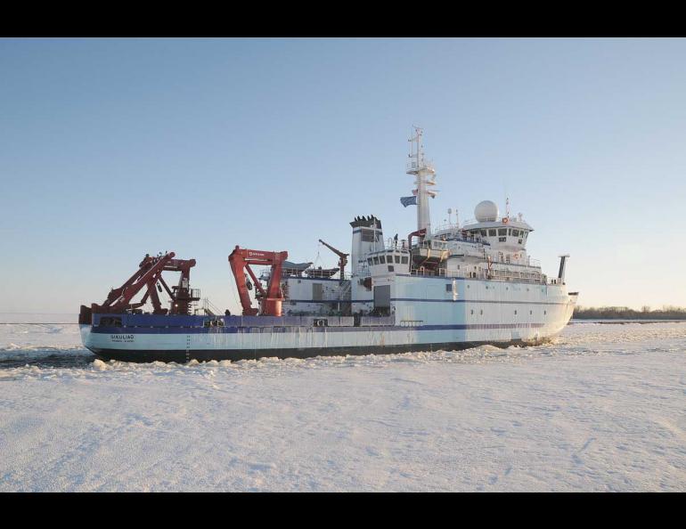 The Sikuliaq crew tests systems in the Great Lakes in February 2014. Photo by Val Ihde.