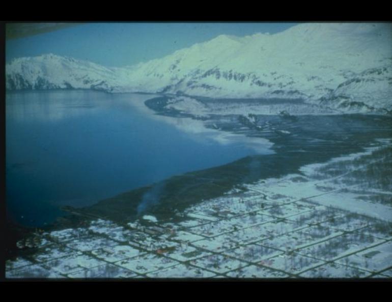This aerial view of Valdez, AK, reflects the onshore reach of the tsunami that hit after the 1964 earthquake. The wave demolished what was left of the waterfront facilities, decimated the fishing fleet and penetrated two blocks into the town. Photo courtesy of the U.S. Department of the Interior.