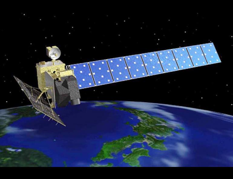 The ALOS-1 satellite, which carried PALSAR and other sensors, operated from 2006 to 2011. Illustration © JAXA, METI.