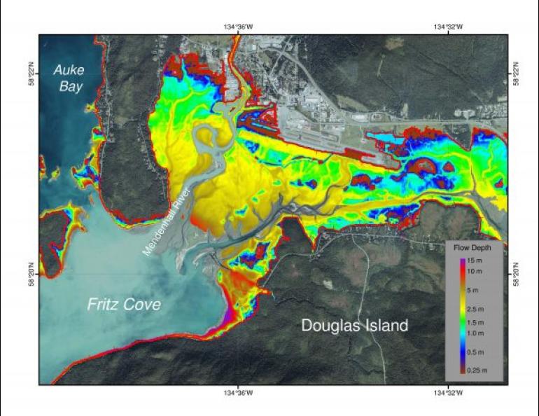 This map models the extent of seawater inundation near the airport in Juneau, Alaska, that would be expected following a landslide-generated tsunami in Fritz Cove. Image provided by Dmitry Nicolsky.