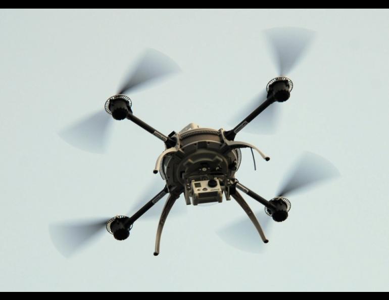 In early 2012, this quad-rotor Aeryon Scout was deployed by the University of Alaska Unmanned Aircraft team to gather information on sea ice conditions outside Nome Harbor. Photo by Greg Walker.