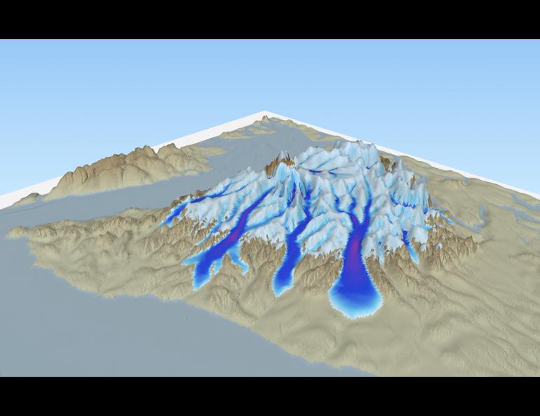 A rendering of ice in the Olympic Mountains, Washington made with the Parallel Ice Sheet Model. The model is a valuable tool for scientists to simulate ice behavior and has been used in 100 publications as of May 2019. Image by Andy Aschwanden.
