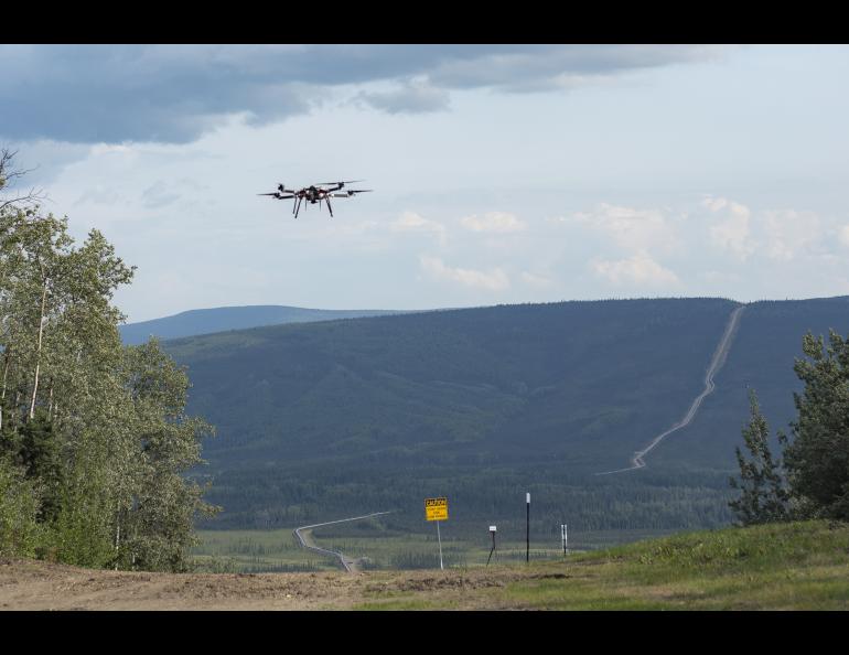  The Skyfront Perimeter UAV taking off from the Alyeska trans-Alaska pipeline right of way near Fox. UAF photo by Sean Tevebaugh