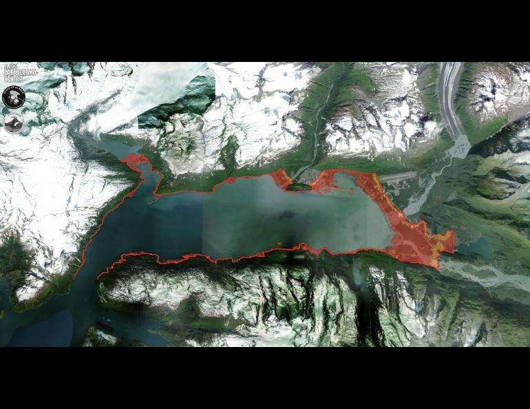 The city of Valdez shown in the Alaska Tsunami Hazard Map Tool. The tool is a web-based map portal that displays potential tsunami hazard zones for settlements across Alaska. From the Alaska Earthquake Center.