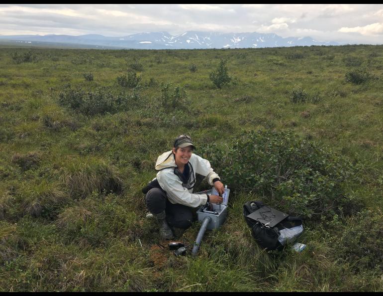 Louise Farquharson works on the tundra at Kougarok, Alaska. The site is one of 28 field locations that show evidence of extensive permafrost thawing zones previously unrecognized. This could have dramatic implications for subsequent carbon release. Photo by Vladimir Romanovsky 