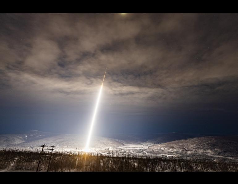 A NASA sounding rocket launches from Poker Flat Research Range north of Fairbanks on Jan. 27, 2020. UAF photo by JR Ancheta.  
