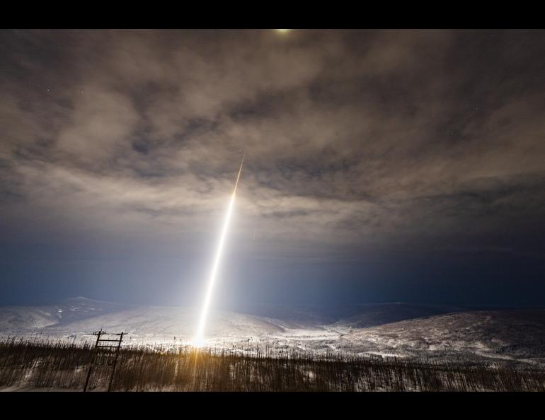 A NASA sounding rocket launches from Poker Flat Research Range north of Fairbanks on Jan. 27, 2020. UAF photo by JR Ancheta.
