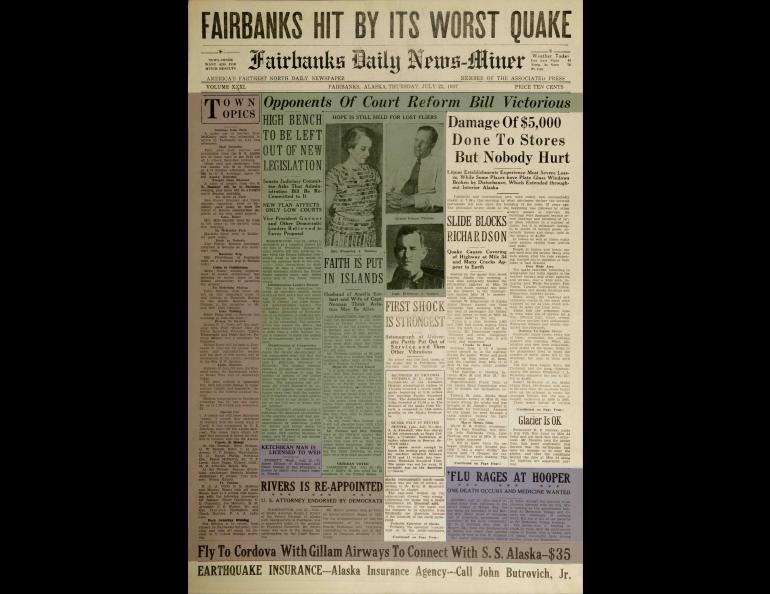 A 1937 issue of the Fairbanks Daily News-Miner announced a big quake had rattled the Interior. ‘ShAKe,’ a new exhibit at the UA Museum of the North, explores earthquakes in the region. Fairbanks Daily News-Miner.