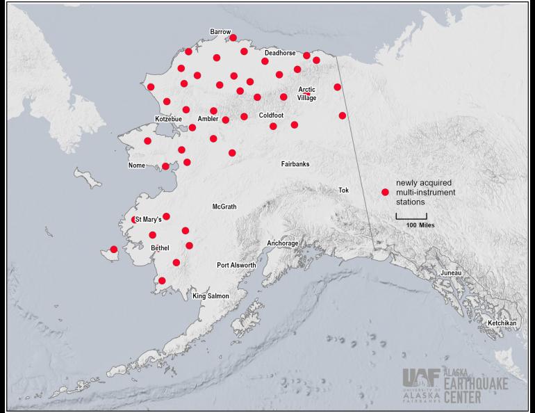 The red dots show locations of 45 USArray stations which greatly increase the ability to track earthquakes, permafrost changes, sea ice extent, aurora events and the weather across western and northern Alaska. Map courtesy of AEC.