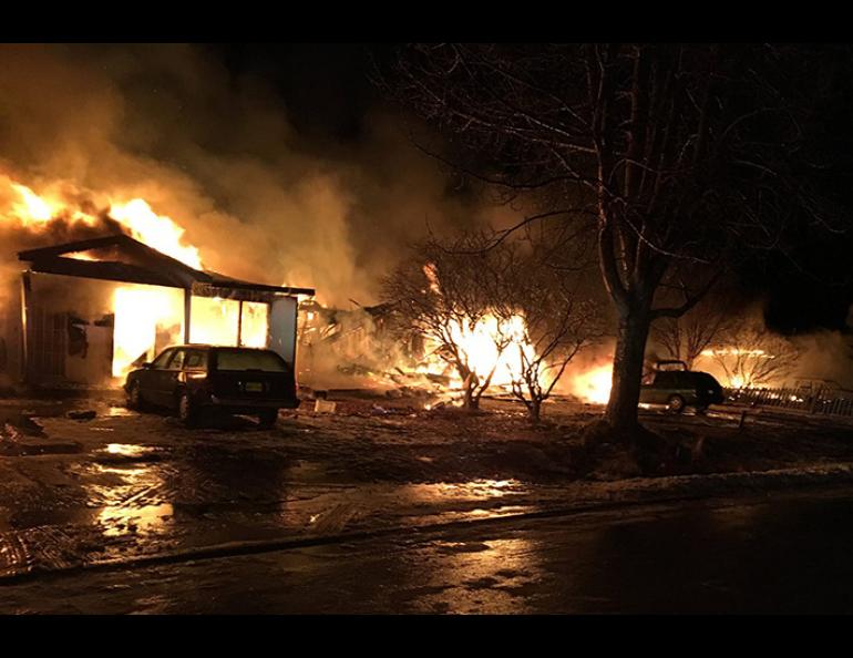 House fires caused by ruptured gas lines in Kenai following the 2016 magnitude 7.1 Iniskin earthquake. Photo courtesy Kenai Fire Department.