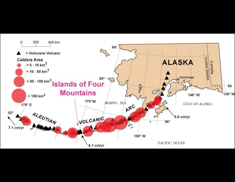 The Islands of Four Mountains lie near the center of the Aleutian Islands’ arc. This map also shows the position and approximate areas of known calderas along the arc. Graphic courtesy John Power, USGS.