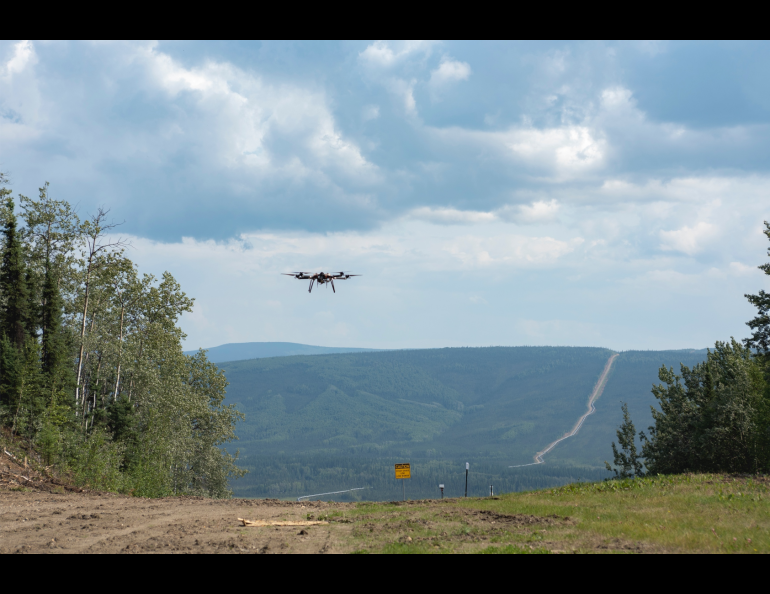 The Skyfront Perimeter 4 flying over the trans-Alaska oil pipeline northeast of Fairbanks, Alaska, during the summer of 2019. Photo courtesy Alaska Center for Unmanned Aircraft Systems Integration.