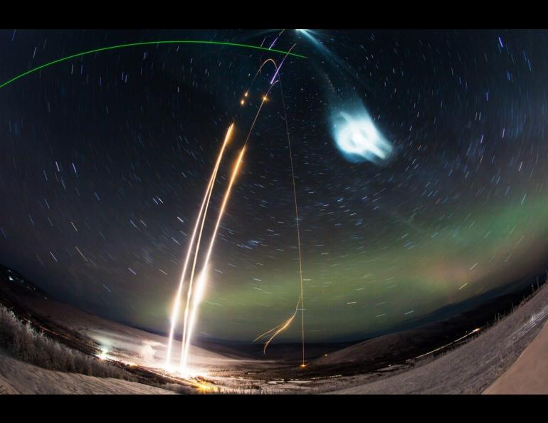 A time-lapse photograph captures the Super Soaker launches on Jan. 25-26, 2018. Photo by Zayn Roohi courtesy of NASA’s Wallops Flight Facility and Poker Flat Research Range.