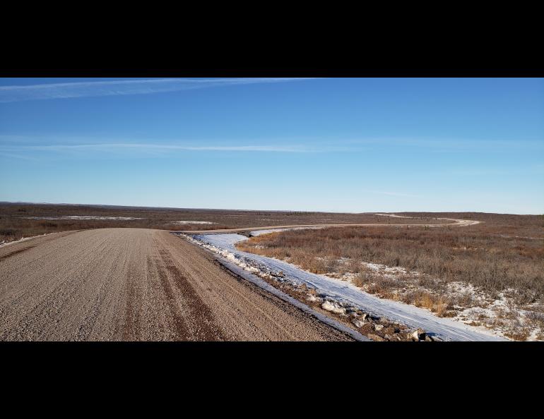 The new Inuvik–Tuktoyaktuk Highway snakes its way north for 86 miles, past the edge of the boreal forest and into the boundless tundra beyond, crossing numerous streams along the way that support fish populations integral to Indigenous communities in the region. Photo courtesy of Carolyn Bakelaar.