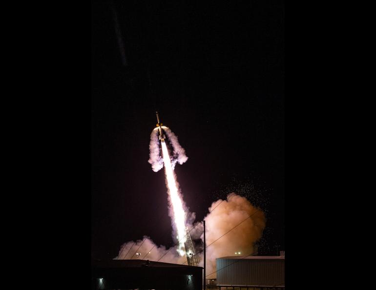 The NASA Black Brant XII rocket lifts off with the KiNET-X experiment at Wallops Flight Facility in Virginia. Photo: NASA Wallops/Terry Zaperach
