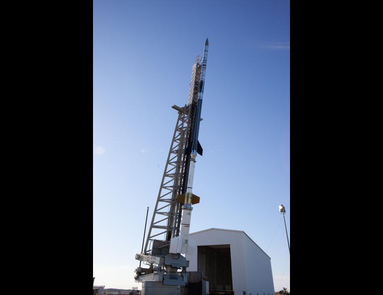 The four-stage NASA Black Brant XII waits on the launch pad at Wallops Flight Facility. NASA Wallops/Brian Bonsteel