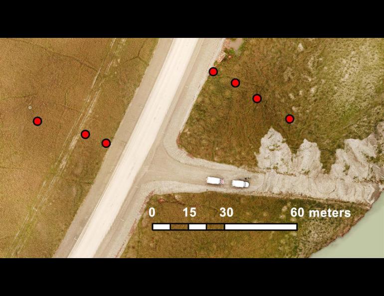 This illustration from the article shows the location of temperature sensors at the Dalton Highway research site. Drone photo by Soraya Kaiser; illustration distributed under Creative Commons 4.0 International