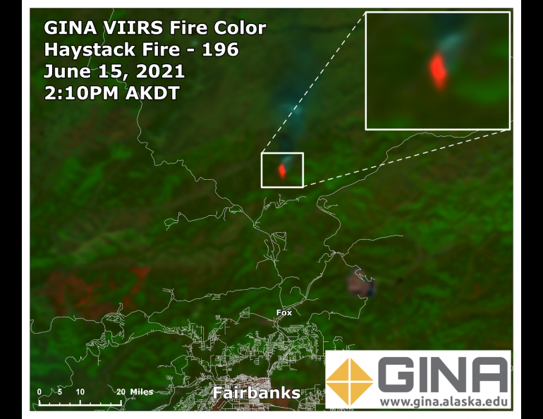 The VIIRS fire color image shows the Haystack fire location in bright red-orange in the upper center of the image. Faint blue gray colors show evidence of smoke that can be seen spreading northward from the fire. The dark reddish brown colors in the lower left show areas where the land is warmer.