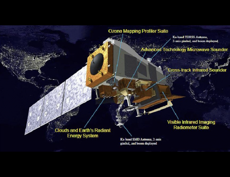 The Visible Infrared Imaging Radiometer Suite is aboard the NOAA-20 satellite, shown in this illustration, and the SNPP satellite.  Credit: NASA