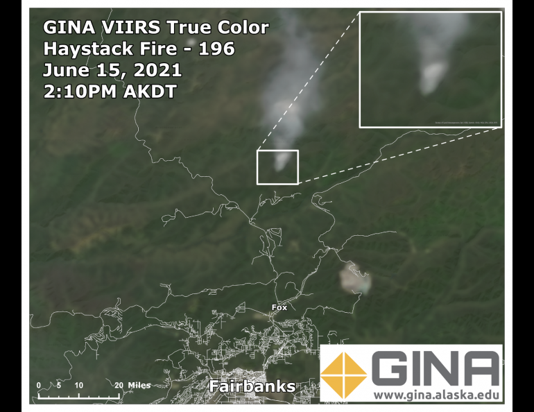 The true color image provides a view of the Earth similar to what the human eye would see from space. It provides an excellent view of the smoke spreading north from the Haystack fire. There is a small patch of cloud in the lower part of the image northeast of Fairbanks. In a Truecolor image smoke