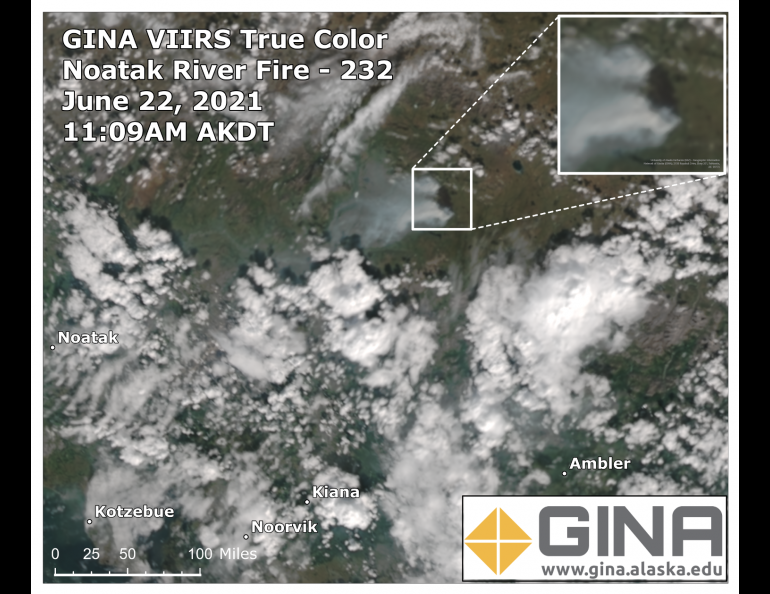 The true color image provides a view of the Earth similar to what the human eye would see from space. It provides an excellent view of the smoke spreading west from the Noatak River fire. There are numerous clouds south of the fire. In a true color image, smoke will appear brownish gray emanating fr