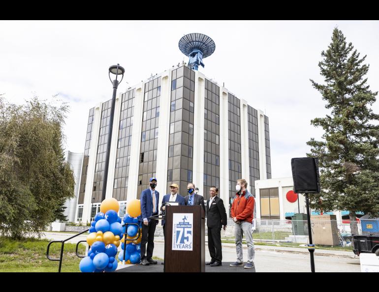 Members of the Alaska Legislature presented the GI with a draft citation honoring the institute's contributions to the state and the nation. L to r: Chancellor Dan White, Rep. Adam Wool, GI Director Bob McCoy, Sen. Scott Kawasaki, and Rep. Grier Hopkins. UAF photo by JR Ancheta.